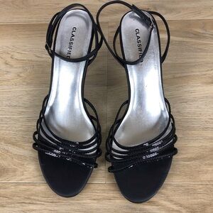 Black Sequined Evening Shoes with Ankle Strap Sz9